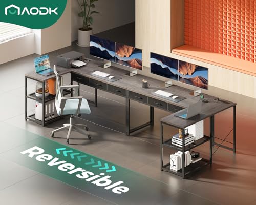 AODK 53 Inch L Shaped Computer Desk with Drawers, Corner Desk with Power Outlets & Reversible Storage Shelves, for Home Office Gaming, Oak Grey AODK