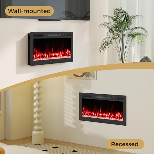GOFLAME 36 Inch Smart WiFi Electric Fireplace, Compatible with Alexa & Google Assistant, Wall Mounted & Recessed, 750W/1500W Heater with Remote/APP Control, 12 Flame & Ember Bed Colors, 12H Timer GOFLAME