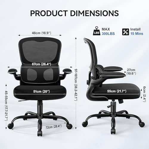 ALLGOD Ergonomic Office Chair, Breathable Mesh Ergonomic Desk Chair with Adjustable Lumbar Support, Flip-up Armrests, Computer Chairs Comfortable for Home, Office, Work, 300lbs, Black ALLGOD