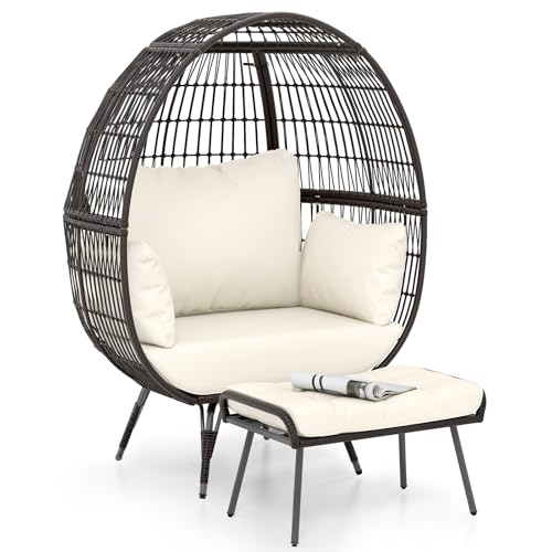 Tangkula Oversized Wicker Egg Chair with Ottoman, Patio Lounge Basket with 5 Soft Cushions, Stable Metal Frame, Gorgeous Indoor Outdoor Lounge Chair, Ideal for Living Room, Backyard, 450 LBS Max Load Tangkula