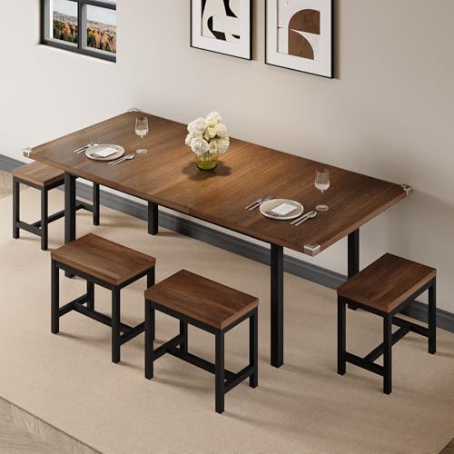 Einhomn 7-Piece Dining Table Set, 63" Extendable Kitchen Room Table with 6 Stools, Mid Century Modern Dinner Table with Metal Frame & MDF Board, Space-Saving, Easy Assembly, Walnut Einhomn