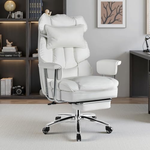 Sweetcrispy Executive Home Office Desk Chair - Ergonomic Big Tall High Back with Footrest & Lumbar Support, Reclining Height Adjustable, Comfy PU Leather Computer Gaming with Swivel Wheels, White Sweetcrispy