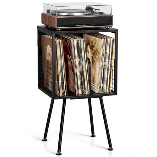 Faesun Record Player Stand with Storage Holds 100+ Vinyl Records, Industrial Turntable Stand with Storage Shelf, LP Album Organizer Cabinet for Small Spaces, Black End Table Faesun
