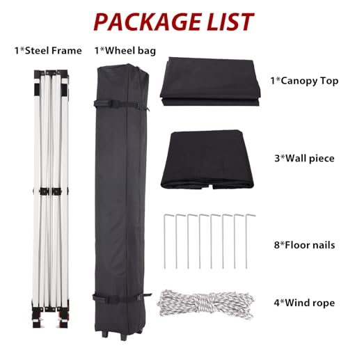 GarveeLife Commercial Canopy Tent 10*10ft,Instant Gazebo Tent, Outdoor Portable Shelter With 3 Sidewalls, Windows, Wheeled Bag,Stakes and Ropes,Pop Up Canopy Tent for Outdoor/Parties and Events-black GarveeLife