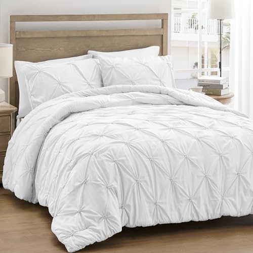UNIKOME King Size Comforter Set White - Ultra Soft Boho Pintuck Down Alternative Bedding Set for All Seasons, 3 Pieces Lightweight Warm Pinch Pleat Bed Set with Comforter, 2 Pillowcases UNIKOME