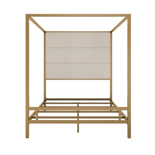 JIJIWANG Modern Gold Canopy Bed Frame with Tall Linen Fabric Upholstered Headboard Metal 4-Poster Bed, Box Spring Needed, (Queen,Gold)