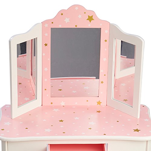 Teamson Kids Princess Gisele Twinkle Star Print 2-Piece Kids Wooden Play Vanity Set with Vanity Table, Tri-Fold Mirror, Storage Drawer, and Matching Teamson Kids