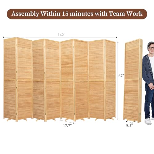 Bamboo Room Divider 8 Panel Wall Divider, 142'' W x 67'' H Folding Design with Extra Stable Base, 100% Bamboo Room Divider Screen for Room Separation, Chinese Room Partitions and Dividers Freestanding HOMSCREENER