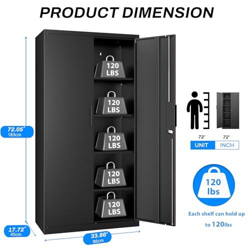 HOMOFFICE Metal Garage Storage Cabinet with Lock, 72" Tall Steel Storage Locker with 4 Adjustable Shelves, Heavy Duty Metal Cabinet for Garage, Office, Home, Black HOMOFFICE