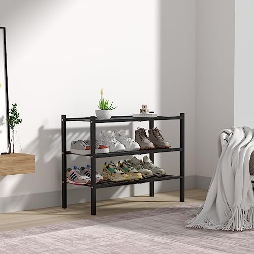 ROMGUAR CRAFT 3 Tier Bamboo Shoe Rack for Closet Free Standing Wood Shoe Shelf Storage Organizer for Entryway Small Space Stackable 27"x11"x20" (Black) ROMGUAR CRAFT