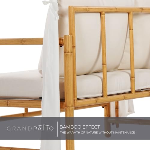 Grand patio Outdoor Loveseat with Canopy, Metal Patio Loveseat Sofa with Thick Cushion, Tropical-style Patio Furniture Featuring Imitation Bamboo Finish, White Grand patio