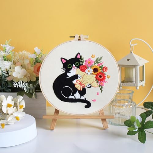 Nuberlic Black Cat Flowers Embroidery Kits for Beginners, DIY Cross Stitch Starter Craft Kits for Adults Including Cloth with Pattern, Hoop, Needles Instruction and Threads