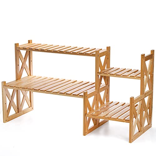 Lawei 2 Tier Bamboo Tabletop Plant Stand, Adjustable Flower Pot Holder Shelf Planter Display Stand, Small Desktop Ladder Plant Rack for Indoor Outdoor Home Patio Lawn Garden Balcony Organizer Lawei