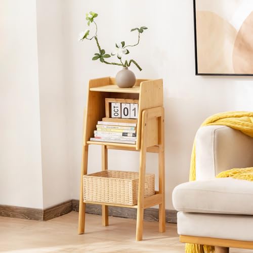 Welnow Natural Modern End Table, Bamboo Nightstand with 1 Tier Storage Space Open Shelf Side Table Cabinet Bedside Table Practical Sofa Side Table for Bedroom, Living Room,Small Welnow
