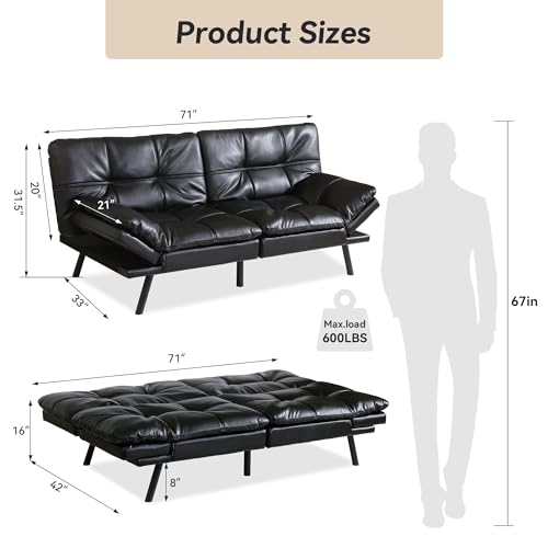 AMICLIBER 71" Convertible Futon Sofa Bed,Bright Black Faux Leather Futon Couch,Memory Foam Reclining Sleeper Sofa Bed,Modern Folding Small Loveseat Couches for Living Room,Office,Apartment AMICLIBER