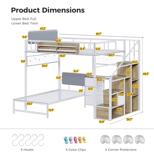 Kikihouse Full Over Twin Loft Bunk Bed with Desk, Stairs, Drawers & Storage Shelves, L-Shaped Metal Bunk Bed with Charging Station & LED Light for Kids, Teens, Adults (Full Over Twin) Kikihouse