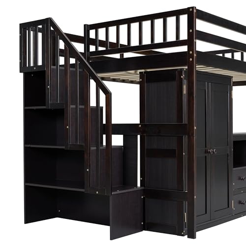 Ball & Cast Loft Bed Full Size with Storage Stairs and Bookshelf,Space-Saving Multifunctional Furniture Bed Frame w/Desk & Wardrobe,for Apartment,Bedroom,Espresso Ball & Cast