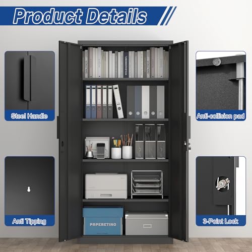 FATIGOS 72''H Tall Metal Garage Storage Cabinet with Lock, Metal Storage Cabinets with Doors and 4 Adjustable Shelves, Heavy Duty Steel Locker for Garage, Warehouse, Home Office, Black FATIGOS