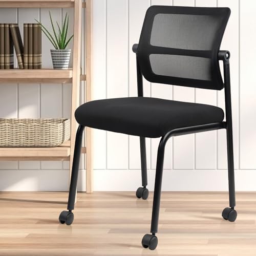 CLATINA Stacking Armless Office Waiting Room Chair with Wheels, Stackable Mesh Guest Reception Desk Chairs with Adjustable Backrest for Conference Lobby Side School, Black, 4 Pack CLATINA