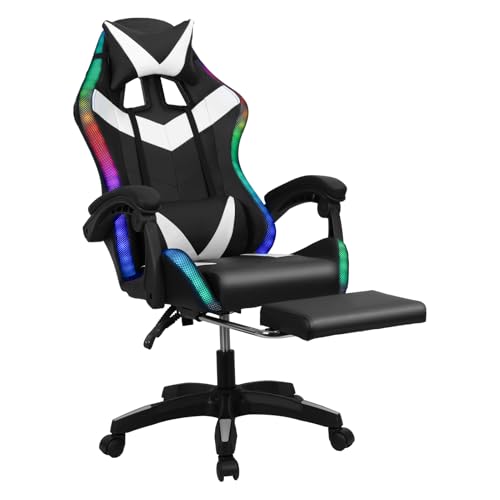 Gaming Chair with 2 Bluetooth Speakers & LED Lights, Ergonomic High Back Office Chair with Headrest, 135° Recline, 360° Swivel, Height Adjustable Executive Chair for Gaming, Work, Study (Black) Tacarlha