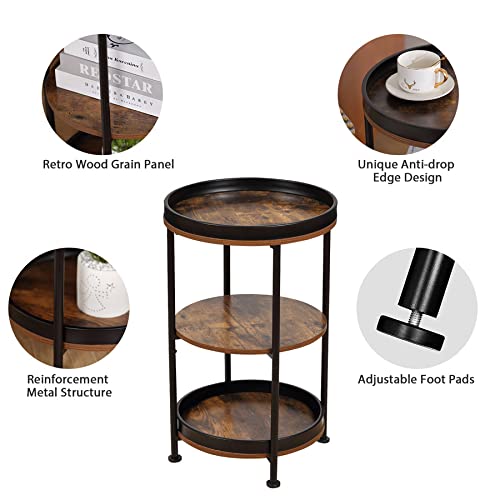 Dulcii Side Table, Round End Table with 3 Storage Shelves for Living Room, Bedroom, Nightstand with Steel Frame for Small Spaces, Industrial Round Sofa Table, Outdoor Accent Coffee Table, Rustic Brown Dulcii