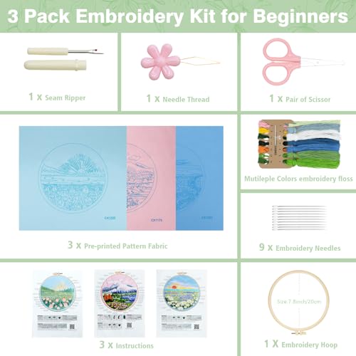 RidaaFri Embroidery Kit for Beginner, Set of 3 Floral Mount Sunshine Pattern DIY Kits for Adults & Starter, Hand Embroidery Practice Set with Step-by-Step Video Tutorial, Includes Hoop, Needles, Floss