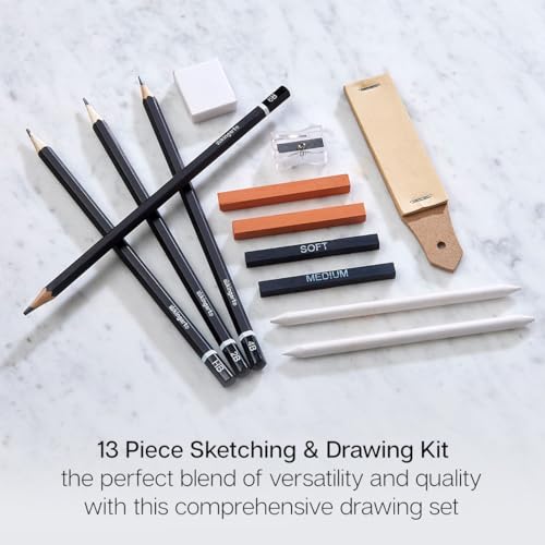 KINGART 13-Piece Sketching & Drawing Set – Complete Artist Kit with Graphite, Charcoal & Pastel Pencils, Blending Tools & Eraser in Portable Case – Art Supplies for Beginners & Professional Artists KINGART