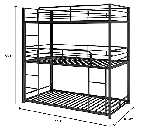 DNYN Twin Triple Bunk Bed with Built-in Ladder,Twin-Over-Twin-Over-Twin Size Metal Bunkbeds w/Safety Guardrails for Kids/Teen/Adults Bedroom,Home Furniture for Dorm,Guest Room, Black DNYN