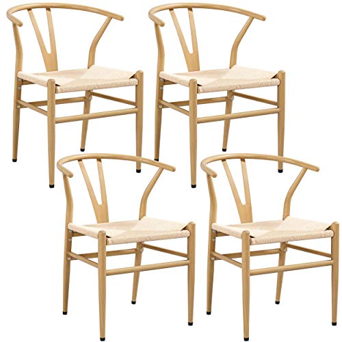 Yaheetech Set of 4 Weave Chair Mid-Century Metal Dining Chair Y-Shaped Backrest Hemp Seat, Wood Color Yaheetech