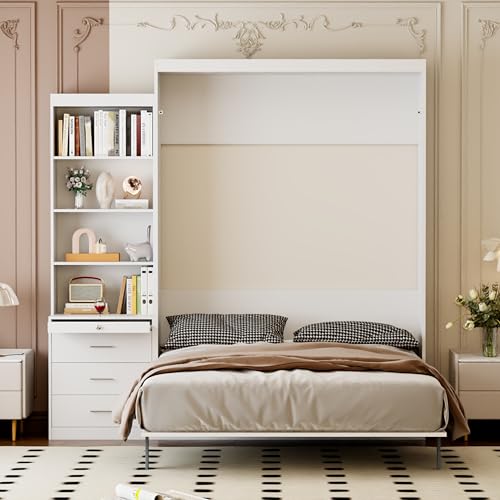 FAVSH Full Size Murphy Bed Cabinet with Shelf and Drawers, Plywood Hidden Beds,Wall Bedframe for Bedroom,Space-Saving, Noise Free, White FAVSH