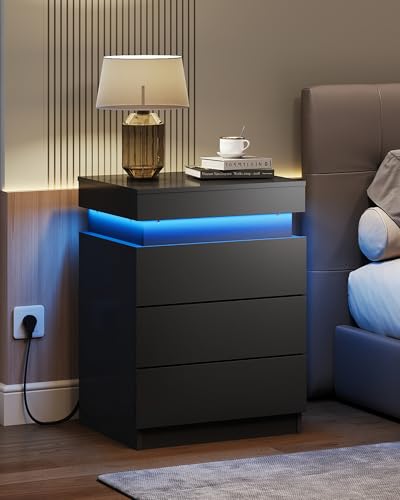 WLIVE Nightstand with Charging Station & LED Lights, Modern Night Stand with 3 Drawers and Sliding Top, Bedside Table End Table with Hidden Space for Bedroom, Living Room, Black WLIVE