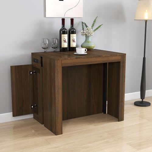 KEIKI 23.62”-118”L Extendable Foldable Dining Room Table with Storage Cabinet & Outlet, 1-10 People Wood Modern Rectangle Expandable Furniture for Kitchen Living Meeting Room, 6 Length Options KEIKI