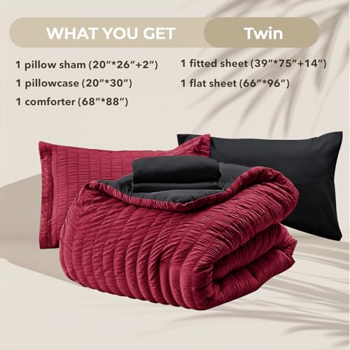 HYMOKEGE Red & Black Twin Comforter Set Seersucker 5 Pieces, All Season Luxury Bed in a Bag for Bedroom, Bedding Set with Comforters, Sheets, Pillowcase & Sham HYMOKEGE