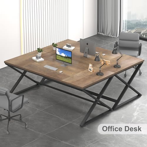 IBF Wood Large Computer Desk, 70.8” Long Home Office Desk for two Person, Farmhouse Work Study Writing Table in Bedroom, Simple Wide Metal Executive Double PC Gaming Workstation, Rustic Oak IBF