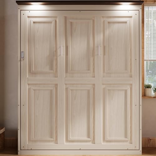 MERITLINE Queen Farmhouse Murphy Bed with LED, Solid Wood Vertical Murphy Wall Bed Cabinet for Adults (Natural Wood) MERITLINE