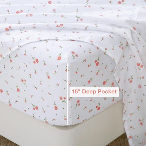 Softan Pink Floral Twin Size Sheet Set, 3 Pieces Single Bed Sheets for Girls, Cozy Microfiber Fitted Sheet with 15" Deep Pockets & Non-Slip Straps, Pink Flower Sheets & Pillowcase Set Softan