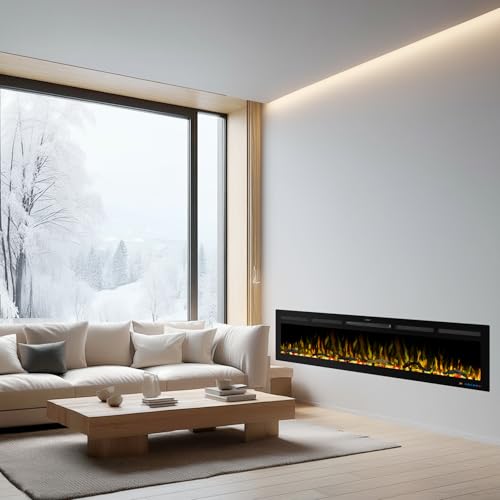 74" WiFi Smart Electric Fireplace Insert - Recessed & Wall Mounted Fireplace Heater with 13 Flame Colors & 6 Brightness Levels, APP/Touch/Remote Control, Timer, Crystal & Charcoal Decor, 750/1500W Vaczon