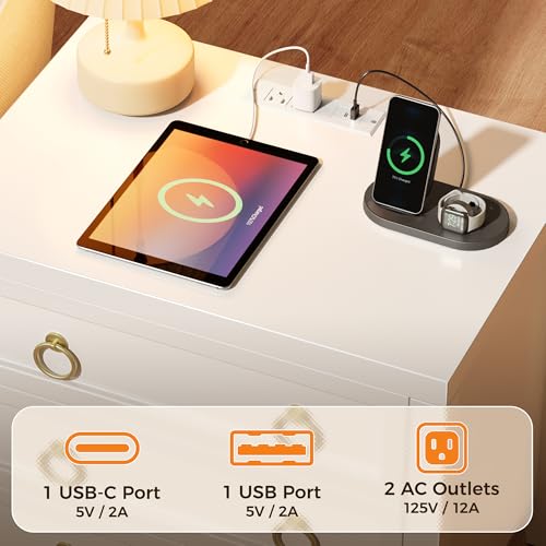 Huuger 23.6 Inch Night Stand with Charger Station and USB-C Port, 3 Drawer Nightstand, Larger Wider Bedside Table, Modern Side End Table, for Bedroom, White Nightstand Huuger