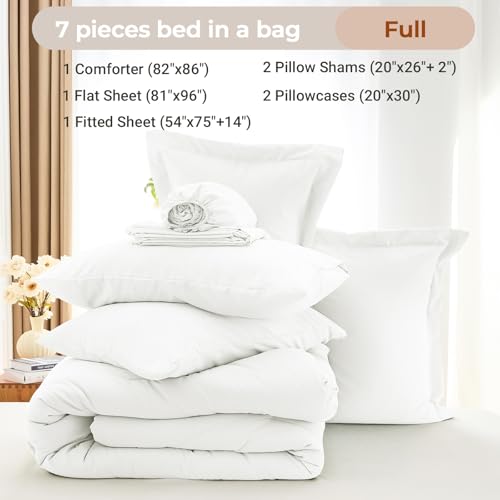 MUXHOMO 7 Pieces Full Comforter Set, Soft Bed in a Bag Full Size, All Season Bedding Set with Comforter, Flat Sheet, Fitted Sheet, Pillowcases & Shams, White MUXHOMO