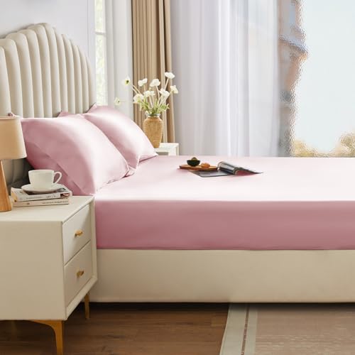 CozyLux Satin Fitted Sheet Twin Size, Pink Silky Satin Bed Fitted Sheet Only with Silky Microfiber, Deep Pocket, Single Bottom Sheet Sold Separately, Breathable, Smooth and Soft CozyLux
