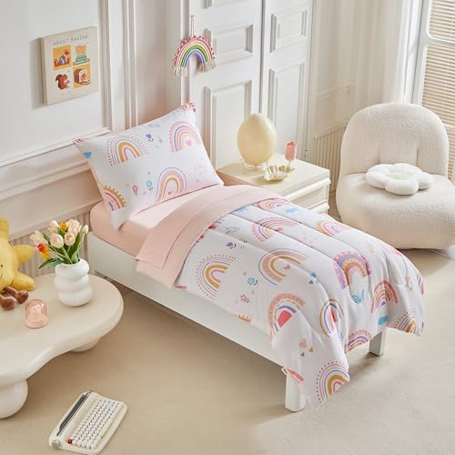 Joyreap 4 Piece Toddler Bedding Set- Pink Rainbow Lovely Design, Microfiber Toddler Bedding Comforter Set for Kids Girls Joyreap