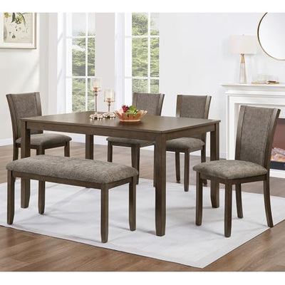 RuiSiSi 6-Piece Dining Table Set for 6, Farmhouse Wood Kitchen Table Set with Chairs and Bench, Rustic Dining Room Kitchen Table Set for 6 People, Dark Walnut