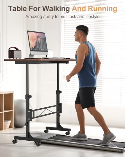 Amztabler Small Standing Desk Adjustable Height, Mobile Stand Up Desk with Wheels, 32 Inch Portable Rolling Desks for Walking Pad Treadmill Wood Rustic Amztabler