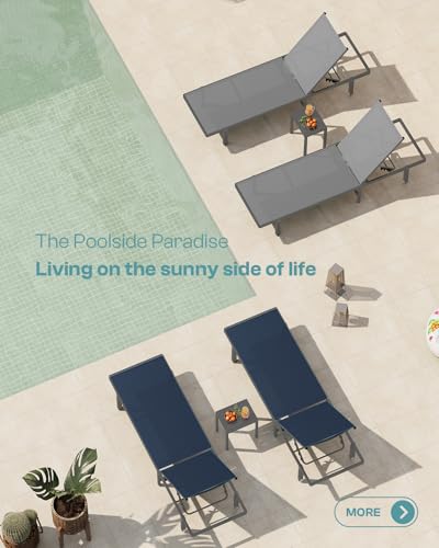 Oasbira Aluminum Outdoor Lounge Chairs Set of 2, Pool Lounge Chairs with Wheels and 5-Position Recliner -Easy to Move- Patio Chaise Lounge Outdoor for Poolside, Deck, Beach (NavyBlue)
