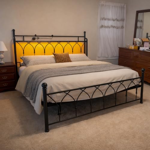 EnHomee 54" King Bed Frame with Tall Storage Headboard, Metal King Size Bed Frame with LED Lights and Power Outlets, Sturdy & Noise-Free, Metal Slats, No Box Spring Needed, Black EnHomee