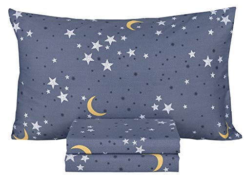 Scientific Sleep Moon & Stars Boys Girls 100% Cotton 3 Pcs Twin Bed Sheet Set Kids Toddler Teen, Flat Sheet & Fitted Sheet & Pillowcase Kids Bedding Set Scientific Sleep