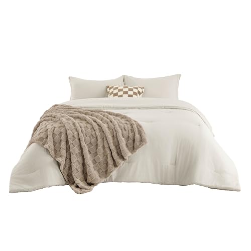 Bedsure Comforter King Size 5 Pieces - King Size Comforter Set with Checkered Throw Blanket and Decorative Pillow, Lightweiget Bedding, All Season Bedding Sets, Linen Beige Bedsure