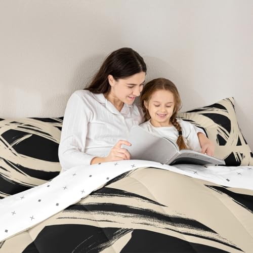 Erosebridal Beige and Black Abstarct Queen Comforter Set for Adult Women Men, Geometric Striped Bedding Set for Minimalists,Graffiti Aesthetic Lines Quilt,Contemporary Boho Modern Art Duvet Insert Erosebridal