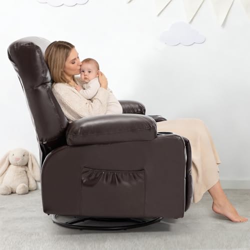Comermax Rocker Recliner Chair with Heat and Massage, Wide Seat Heated Massaging Reclining Chair, Faux Leather Manual Swivel Rocking Recliners with Cup Holder, Dark Brown