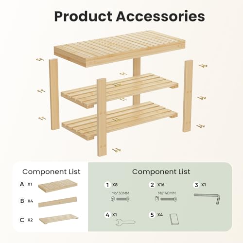 DUMOS Shoe Rack Bench, 3-Tier Bamboo Entryway Benches, Holds Up to 286 lb Storage Organizer, 11.22 x 27.6 x 18 Inches, Suitable for Bedroom Living Room Balcony, Classical Wood DUMOS